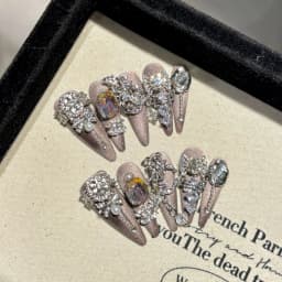Handmade Press on Nails Shiny Pink Cat Eye Fake Nails for Women Girl Wearable Glitter Full Crystal Design False Nail Tips