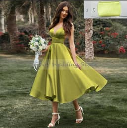 Customized Short Wedding Dress Spaghetti Straps V Neck Sexy Wedding Gowns Satin A Line Tea Length Simple Bridal Dresses Midi