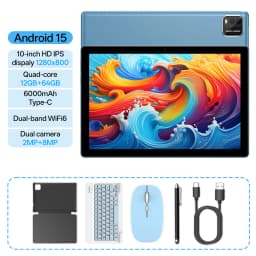 10-inch Tablet PC, Android 15 System, Quad-Core Processor, 12 (3+9) GB + 64GB Storage, Expandable up to 1TB, Supports WiFi 6,