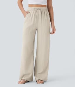 Pant women 2026 casual high-waisted drawstring side pocket casual linen pants flowing wide-leg beach pants elastic tightness