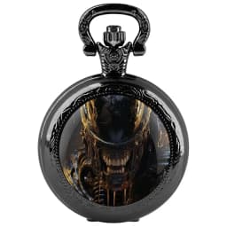 Alien Xenomorph Design Glass Dome Quartz Pocket Watch with Chain Vintage Men Women Necklace Pendant Clock Best Gifts for Kids