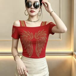 New Designer Hot Diamond Mesh T-Shirt Women Korean Style Sexy Off Shoulder Slim Tee Summer Casual Streetwear Tops
