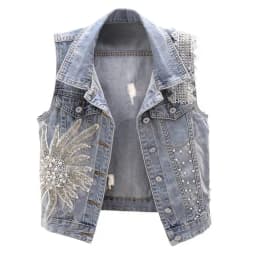 Women's Korean Style Lace Beaded Denim Vest Denim Waistcoat Fashion Cardigan Sleeveless Cropped Top Loose Plus Size Ripped Vest