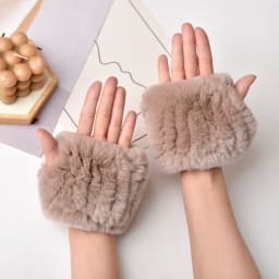 Women's Natural Rex Rabbit Fur Gloves Elastic Knitted Real Fur Mittens Winter Warm Wrist Guards with Exposed Fingers
