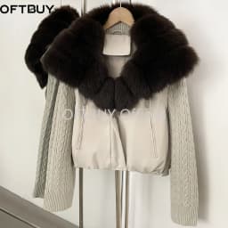 OFTBUY Cable Knit Sleeve Zipper Drawstring Hem Cropped Coat 90 White Duck Down Jacket Women Cozy Warm Winter Real Fox Fur Collar