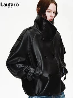 Lautaro Spring Autumn Cool Handsome Oversized Black Pu Leather Jackets for Women Double Breasted Luxury Designer Clothes Fashion
