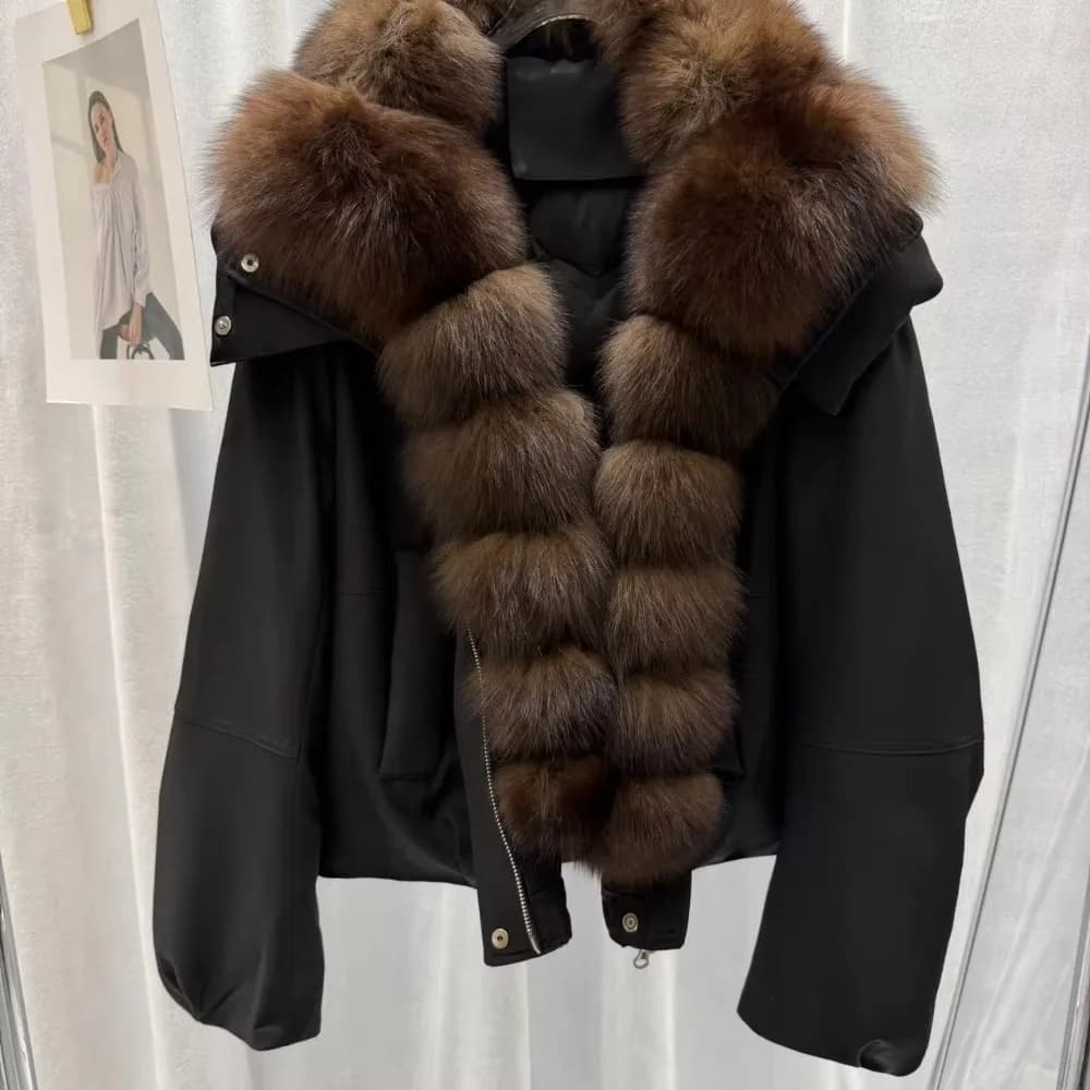 OFTBUY Windproof Fabric Jacket Winter Drawstring Thick Puffer Jacket Woman Women Hooded Large Fox Fur Coat Real Duck Down Parka