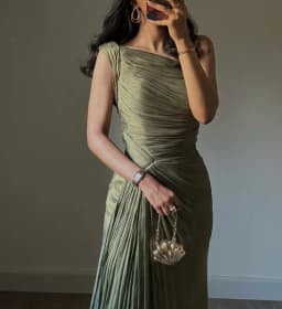 Women's Elegant Olive Green Evening Gown One Shoulder Ruched Waist Side Slit Satin Train Dubai Wedding Prom Formal Maxi Dress