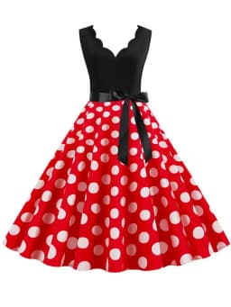 Polka Dot Print Women Summer Dress Black Patchwork Sleeveless V Neck Elegant Vintage Party Casual Midi Dress