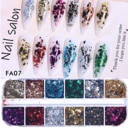 12 Grids Double Color Gold Foils Gorgeous Nail Glitter Sparkles Irregular Random Aluminum Flake Paillette Chip Design Decoration