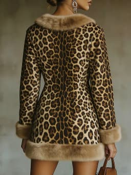 Daily Brown Leopard V Neck Long Sleeve Pocket Western Contrast Faux Fur Mini Dresses