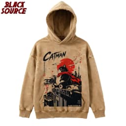 T497 Bai Men's Catman Red Moon Cat Graphic Hoodie, Japanese Streetwear Pullover Sweatshirt, Oversized Casual Urban Fashion