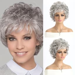 Short Natural Wigs with Bangs Soft Mommy Hair Daily Use Short Grey Ombre Curly Synthetic Hair Costume Party Wig for Women