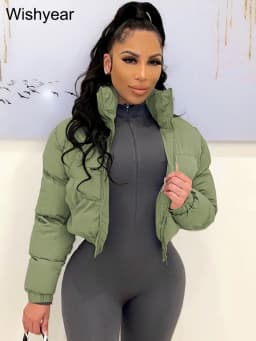 Winter Thick Warm Cotton Down Jacket Women Clothing Gray Zipper Short Puffer Parkas Coats Outwear Female Crop Tops Streetwear