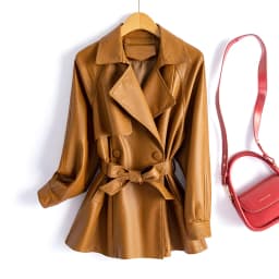 Haining Real Leather Jacket Women's Short Style Belted Slimming Vintage Sheepskin Coat Outerwear Fashionable Business Commute