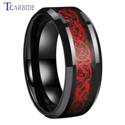 8MM Black Mens Womens Tungsten Carbide Engagement Wedding Ring With Red Opal Dragon Inlay Superior Gift Jewelry Comfort Fit