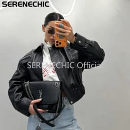 SERENECHIC Textured PU Aviator Coat with Elastic Hem Women's Black Cropped Faux Leather Jacket New Vintage Outerwear Female