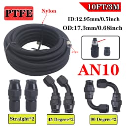 AN4 AN6 AN8 AN10 3m/10ft E85 Tube Nylon Stainless Steel Braided PTFE Black Fuel Line Fitting Kit with 6 pcs Swivel Hose Ends