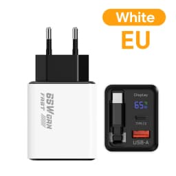 65w GaN Charger 22.5wUSB+Type-C PD20w+22.5w Type-C Cable Fast Charging Digital Display Phone Adapter For iPhone 15-17 Cellphones