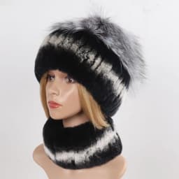Women's Winter Warm Genuine Fur Hat Scarf Set Real Rex Rabbit Fur Cap with Silver Fox Scarves 2-Piece Natural Fashion Accessory