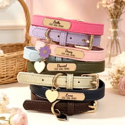 Luxury & Soft Leather Personalized Dog Collar and Pendant Pet Puppy Cat ID Nameplate Engraved for Small Medium Dogs