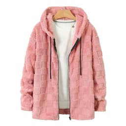 Fuzzy Men Coat Men Polyester Coat Men's Plush Hooded Jacket Fuzzy Checkered Zip-up Hoodie Warm Winter Coat for Casual Streetwear