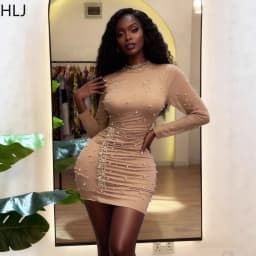 HLJ Sexy Rhinestone Patchwork Bodycon Mini Dresses Women Mesh Solid Color Long Sleeves Dress Female Streetwear Vestidos 2025 New