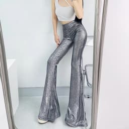 SALIENCY Silver Snake Skin Pattern Flared Pants Women High Waist Slim Sexy Stretch Wide Leg Trousers Party Clubwear