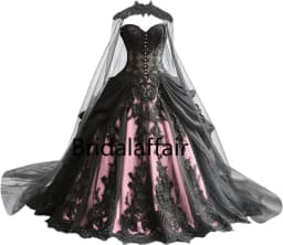 Gothic Weeding Dresses for Brides Black Lace Applique Bridal Dresses Embroidery Tiered Tulle Wedding Gowns with Cape