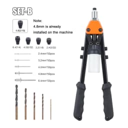 Rivet Gun Set, Manual Riveting Tool, Suitable For 2.4/3.2/4.0/4.8/6.4mm Rivets Home Rivet Gun Including 250 Rivets 5 Drill Bits