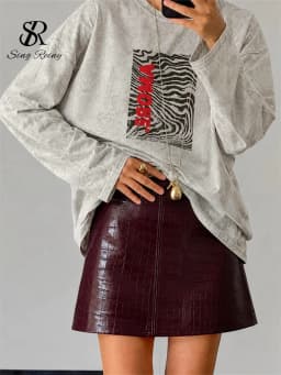 SINGREINY Fake Leather Vintage Mini Skirts Crocodile Grain Plaid Texture Slim Basic Autumn Women Ins Trendy Street A-line Skirts