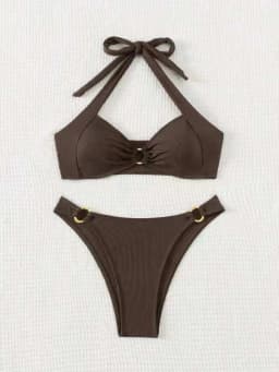 Adjustable Halter Bikini Set Solid Color Bikini Neck Trendy Swimwear for  Women Ladys Bathing Suit