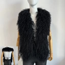 BEIZIRU Women's Fluffy Luxury Real Mongolian Fur Halter Vest Sleeveless Deep V-Neck Solid Top Outerwear