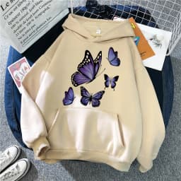 90s Graphic Dark Purple Butterfly Pattern Printed Hoodies Women's Vintage Y2k Sweatshirts Casual Hooded Clothes Kawaii Pullovers