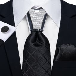 DiBanGu Business Plaid Black Solid Luxury Elegant Silk Ties for Men Designer Tie Buckle Handkerchief Cufflinks Wedding Accessory