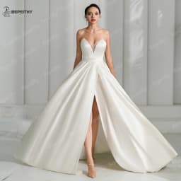 BEPEITHY Customized Ivory Satin A Line Wedding Dress Women 2026 Sweetheart Sexy High Slit Sweep Train Bride Boho Bridal Gown