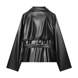 Women's Short Leather Effect Trench Coat, Lapel Double Breasted Windbreaker with Belt, Vintage Faux Leather Jacket