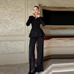 Chic 3d Bead Black Suit Pant Set Long Sleeved V-neck Waist Lace Up Suit Jacket Cozy Versatile Pant 2026 Commuting Woman Clothing