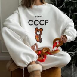 Chic Funny Russian Cartoon Cute Oversized Sweatshirt Adorable Matryoshka Doll Print "I'm A Russian Girl" Sweet Lady Casual Loose