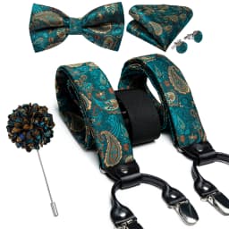 Luxury White Men's Suspenders Adjustable 6 Clips Braces DiBanGu Leather Metal Pre-Tied Bow Tie Brooch Pocket Square Set