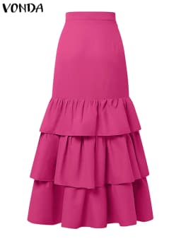VONDA Women Skirts Elegant Solid Color Party Overskirt 2025 Summer Beach A-Line Ruffled Jupe Casual Loose Bottoms Oversized