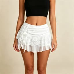 Women Floral Lace Ruffle Mini Skirt Side Drawstring Ruched High Waist Tiered Mesh Skirt Solid Color Y2K Casual Streetwear