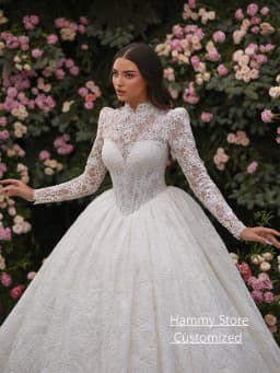 Gorgeous Ball Gown Wedding Dresses Bride Gown Customized High Neck Full Sleeves Lace Applique Saudi Arabian Bridal Dresses