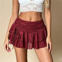 Women Floral Lace Ruffle Mini Skirt Side Drawstring Ruched High Waist Tiered Mesh Skirt Solid Color Y2K Casual Streetwear