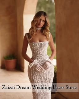 Customized Gorgeous Spaghetti Straps Wedding Dresses Beading Crystal Bridal Gowns Mermaid Vestidos De Novia
