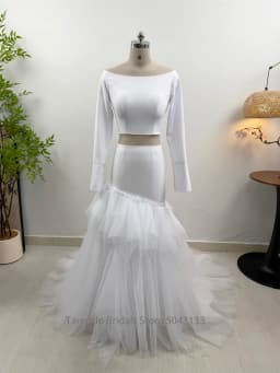 Customized  Two-Piece Bohemian Jersey Wedding Dress Long Sleeves Dropped Waistline Ruffled Tulle Exquisite Casual Bridal Dress