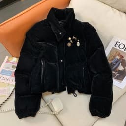 Outcoat Black Velvet Retro Short Down Cotton-padded Jacket Women New Winter Cotton-padded Jacket Thickened Stand-up Collar Coat