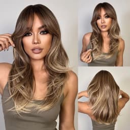 Synthetic Dark Brown Wig Straight Layered Wigs for Women Shoulder Length Hair Wig With Bangs Heat Resistant Party Daily Use