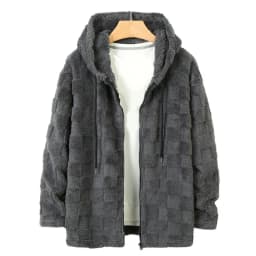 Fuzzy Men Coat Men Polyester Coat Men's Plush Hooded Jacket Fuzzy Checkered Zip-up Hoodie Warm Winter Coat for Casual Streetwear