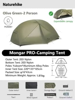Naturehike Mongar 1 2 3 Base/UL/PRO Camping Tent Ultralight Outdoor Waterproof Hiking Tent 1 2 3 Person Backpacking Tent